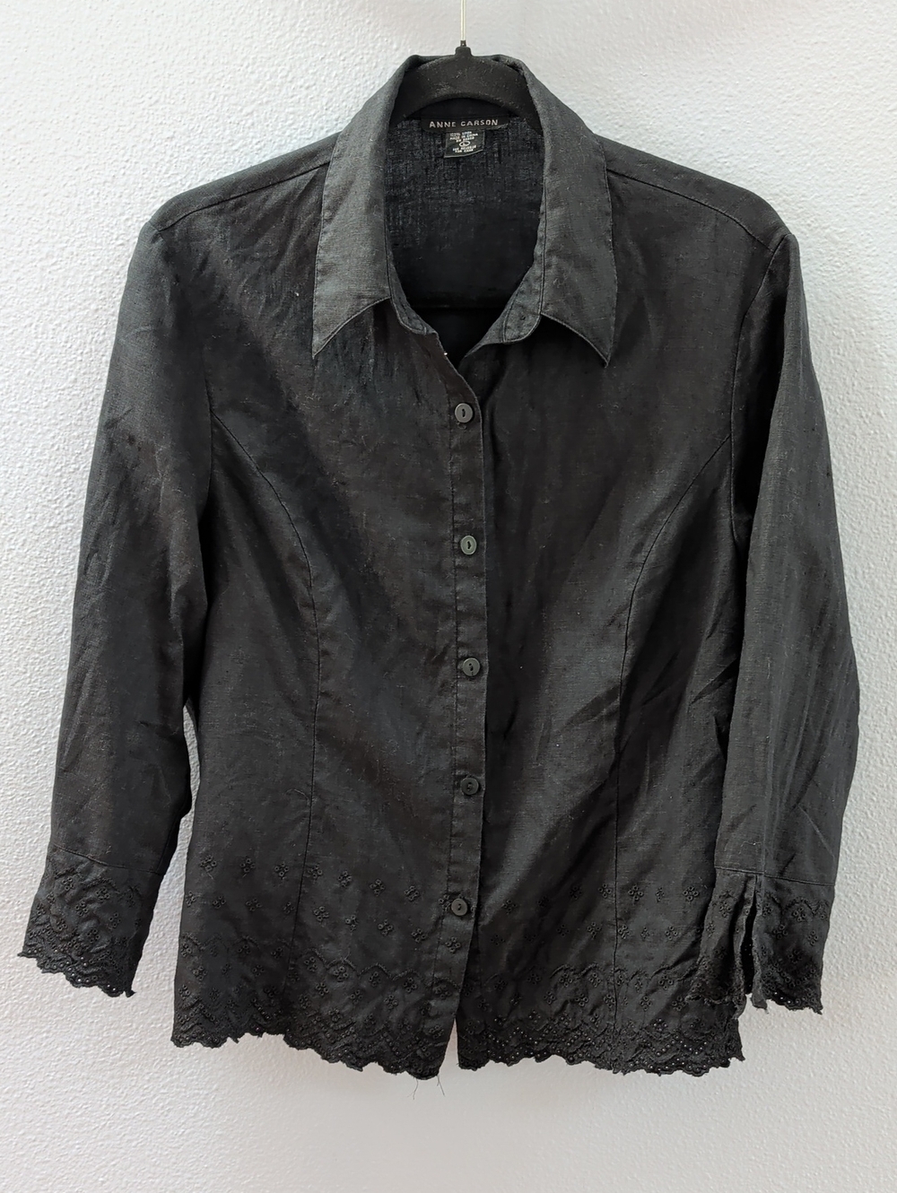 Anne Carson Black Linen Button-Up Lace Hem Shirt